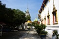 Ancient ubosot ordination hall and antique chedi stupa for thai people travel visit respect praying blessing buddha holy mystery