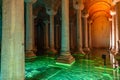 Ancient underground cistern with illuminated columns and vaulted ceilings Royalty Free Stock Photo