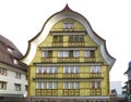 Ancient unique colourful house in historic medieval old town. Appenzell is well-known for its colourful houses with painted facade