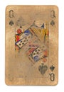 Ancient used rubbed playing card queen of spades paper background isolated
