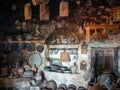Ancient utensils on the ancient kitchen in the Megala Meteora monastery in Meteora region, Greece