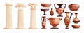 Ancient vases and Greek columns. Ancient Roman pillar. Ceramic archaeological pot. Antique traditional clay jar for wine