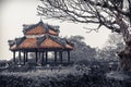 Ancient vietnamese temple with dragons on top