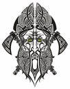 Ancient viking head in a circle with scandinavian ornament logo for mascot design.