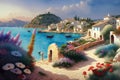 Ancient village near the ocean. Greek scenery, blue sea and houses. Generative ai painting Royalty Free Stock Photo