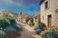 Ancient village near the ocean. Greek scenery, blue sea and houses. Generative ai painting Royalty Free Stock Photo