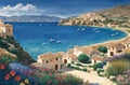 Ancient village near the ocean. Greek scenery, blue sea and houses. Generative ai painting Royalty Free Stock Photo