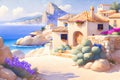 Ancient village near the ocean. Greek scenery, blue sea and houses. Generative ai painting Royalty Free Stock Photo