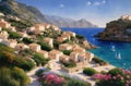 Ancient village near the ocean. Greek scenery, blue sea and houses. Generative ai painting Royalty Free Stock Photo