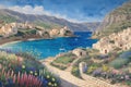 Ancient village near the ocean. Greek scenery, blue sea and houses. Generative ai painting Royalty Free Stock Photo