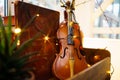 Ancient violin and a book with notes on the shelf with garlanded light bulbs.