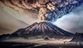 Ancient volcanic cone with a large plume of ash and smoke that extends mightily above the offshore plain, made with generative ai