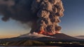 Ancient volcano eruption with giant ash cloud and burst of molten lava, volcano eruption with massive high bursts of lava and hot