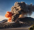 ancient volcano eruption with giant ash cloud and burst of molten lava, volcano eruption with massive high bursts of lava and hot