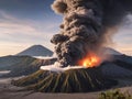 Ancient volcano eruption with giant ash cloud and burst of molten lava, volcano eruption with massive high bursts of lava and hot