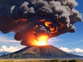 ancient volcano eruption with giant ash cloud and burst of molten lava, volcano eruption with massive high bursts of lava and hot