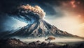 An ancient volcano in a parched landscape with an acacia tree emits large clouds of smoke and ash, made with generative ai