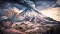 An ancient volcano in a parched landscape with an acacia tree emits large clouds of smoke and ash, made with generative ai