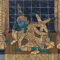 An ancient wall drawing depicting a mythical ten-armed creature from Ramayana