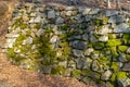 An ancient wall made of moss-covered stones alongside a small forest path Royalty Free Stock Photo