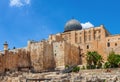 Ancient walls and Al Aqsa Mosque dome in Jerusalem, Israel. Royalty Free Stock Photo