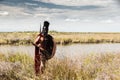 Ancient warrior in armor with Spear, Shield and Helmet Royalty Free Stock Photo