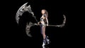 Ancient warrior princess, female fantasy fighter in battle armor holding medieval scythe blades, black background, 3D render