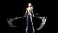 Ancient warrior princess, female fantasy fighter in battle armor holding medieval scythe blades, isolated on black background, 3D