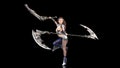 Ancient warrior princess, female fantasy fighter in battle armor wielding medieval scythe blades, isolated on black, 3D render