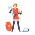 Ancient Warrior with Weapon and Laptop, Historical Reconstruction Concept Vector Illustration Royalty Free Stock Photo