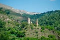 Ancient watchtower and mosque in the mountains of Dagestan