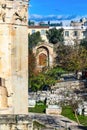 Ancient water-clock called the Tower of the Winds in the Roman Agora of Athens, between the quarters of Plaka and Monastiraki in Royalty Free Stock Photo