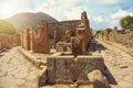 Ancient water well in Pompeii on Mount Vesuvius background, Campania, Italy