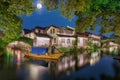The ancient watertown Zhouzhuang in China with full moon Royalty Free Stock Photo