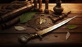 Ancient weapon on brown wooden table background with copy space. Gold coins, compass and sword. Pirate concept