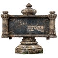 Ancient weathered ornate stone monument with blank distressed plaque for text Royalty Free Stock Photo