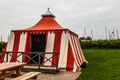 Ancient white-red tarpaulin tent in Muiderslot castle. Holland.