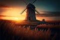 Ancient windmill near wheat field at sunset