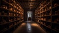 Ancient wine bottles on old bookshelf in cellar generated by AI