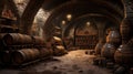 Ancient wine cellar with lots of old wooden barrels on each side created with Generative AI