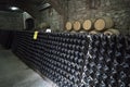 Wine cellar with oak barrels and shelves with bottles of Royalty Free Stock Photo