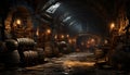 Ancient winery cellar, dark and spooky, illuminated by burning flame generated by AI