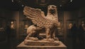 Ancient winged griffin sculpture displayed in a dimly lit museum hall Royalty Free Stock Photo