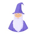 Ancient wizard avatar. Wise magician with thick gray beard and blue cap and toga.
