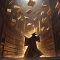Ancient Wizard Casting a Spell in a Grand Library with Floating Books of Knowledge Royalty Free Stock Photo
