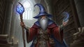 Mystical elder wizard casts spell in vast enchanted library with magic staff Royalty Free Stock Photo