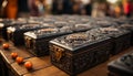 Ancient wood table holds old religious souvenirs generated by AI