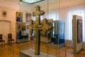 Ancient wooden crucifix and icons in exposition