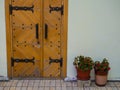 Ancient wooden door with iron rivets at wall of white building