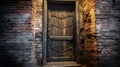 Ancient wooden door with lock in old stone wall. Old and worn door in a historic building.